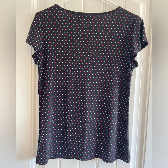 East 5th Black Scoop Neck Flutter Sleeve Blouse with Pink & White Polka Dots - Picture 2 of 4
